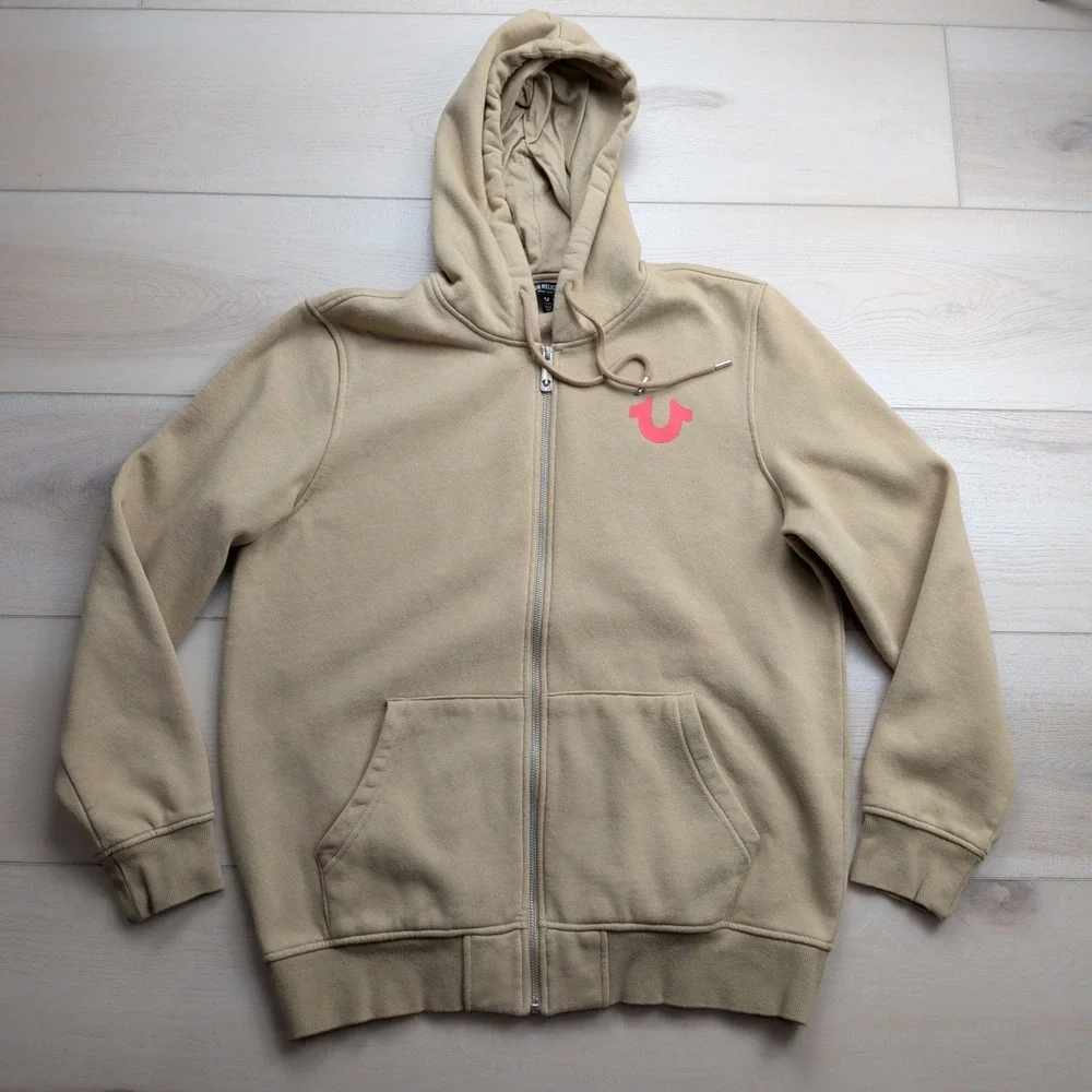 True Religion Buddha Logo Full Zip Up Hoodie Mens XL Tan Khaki Sweatshirt